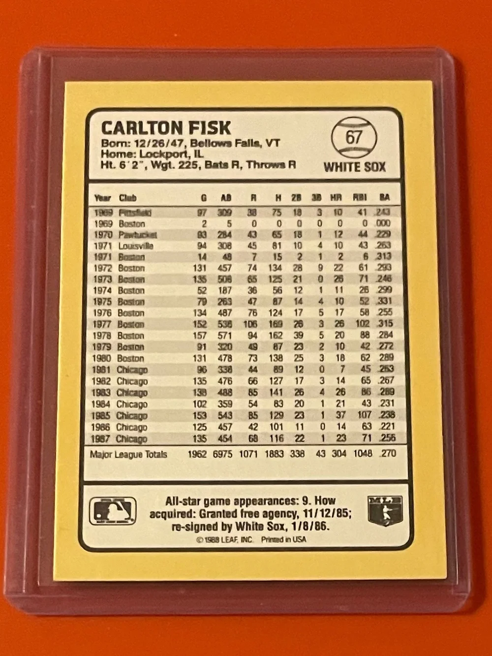Carlton Fisk #67 1988 Donruss [Baseball’s Best] Baseball Trading Card